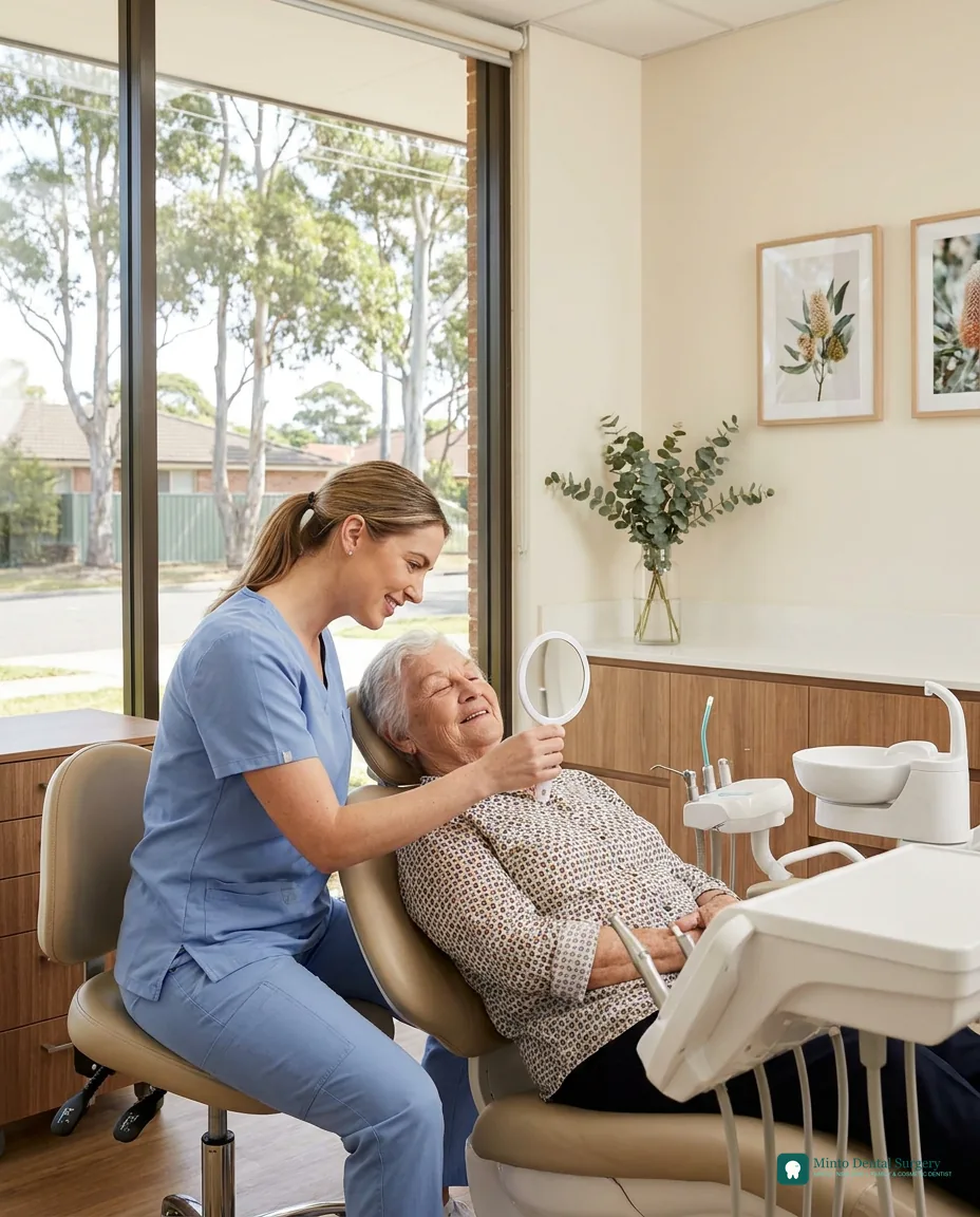 Minto Dental Surgery dentist showing patient their smile result in a warm modern surgery