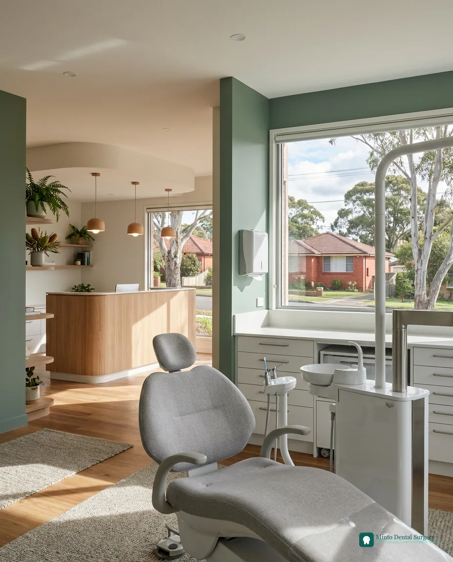 Modern welcoming dental surgery interior in Minto NSW with natural light and a comfortable dental chair